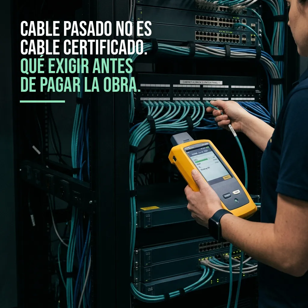 Técnico de infraestructura realizando pruebas de certificación de cableado estructurado en rack de comunicaciones