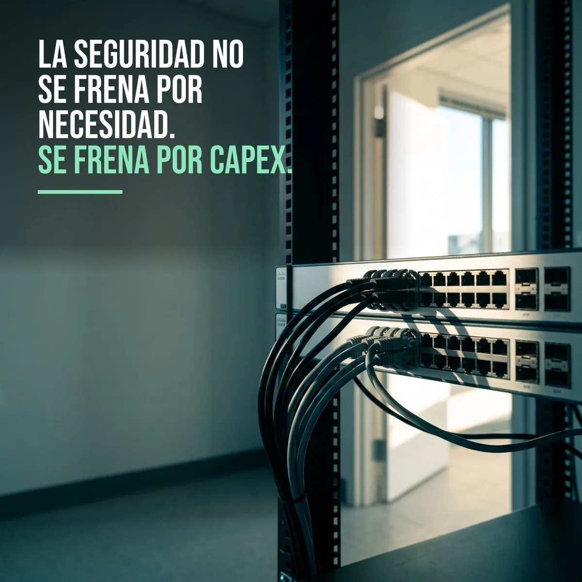 Switch de red Cisco montado en rack con cables patch conectados en la sala de cableado