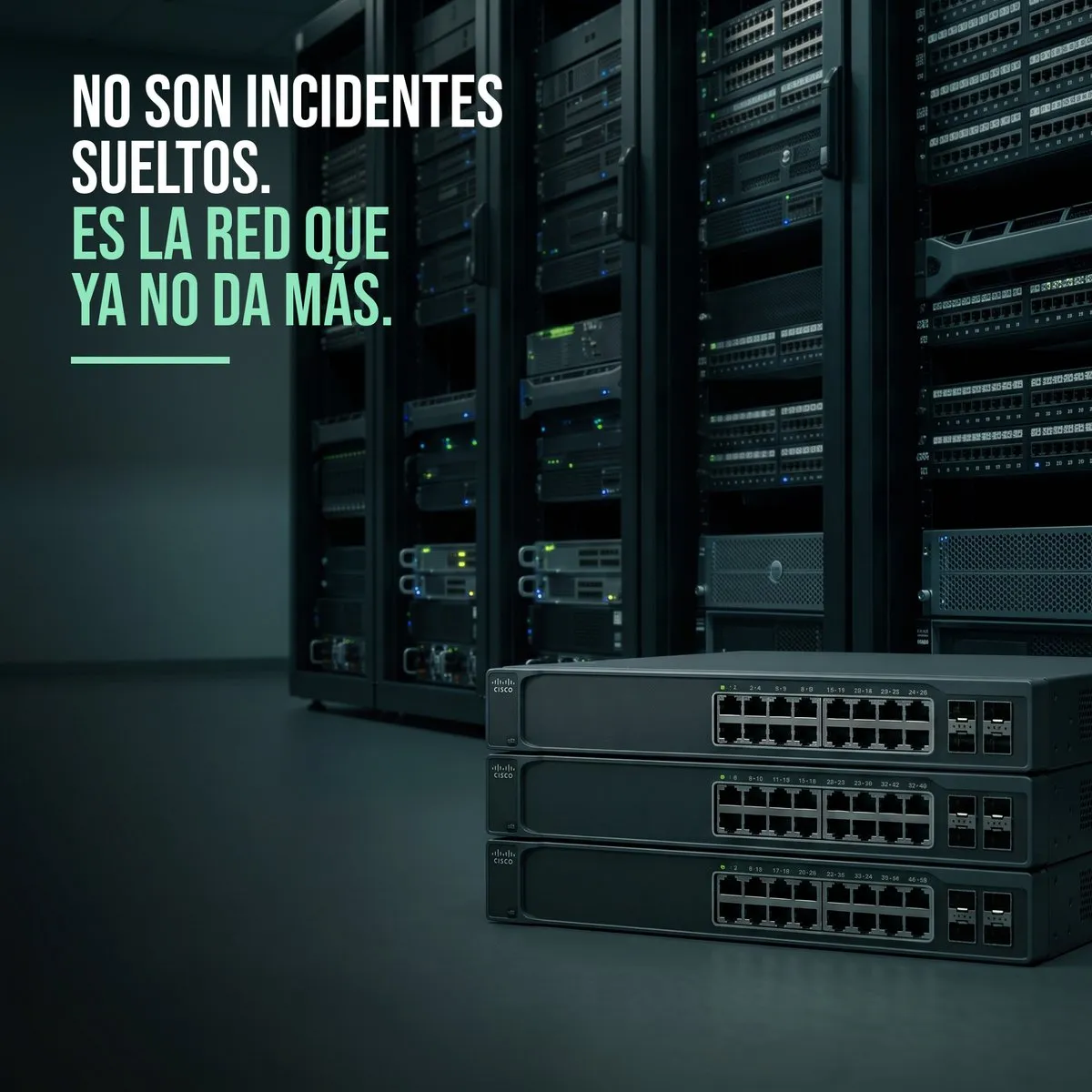 Switches Cisco apilados en primer plano, con racks de un datacenter de fondo