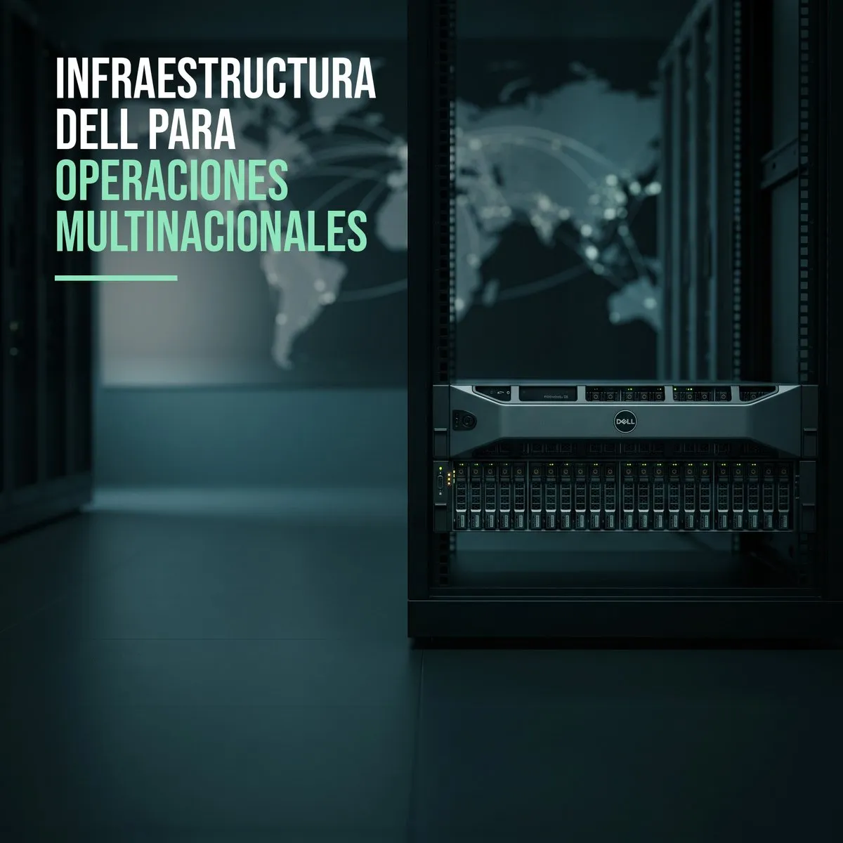 Servidor Dell rack-mount en un datacenter, con un mapa mundial iluminado de fondo