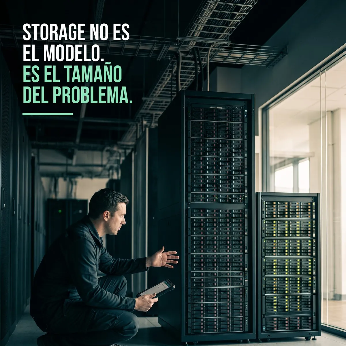 Dos gabinetes de almacenamiento de distinto porte en el mismo pasillo de rack, con bahías de discos a la vista