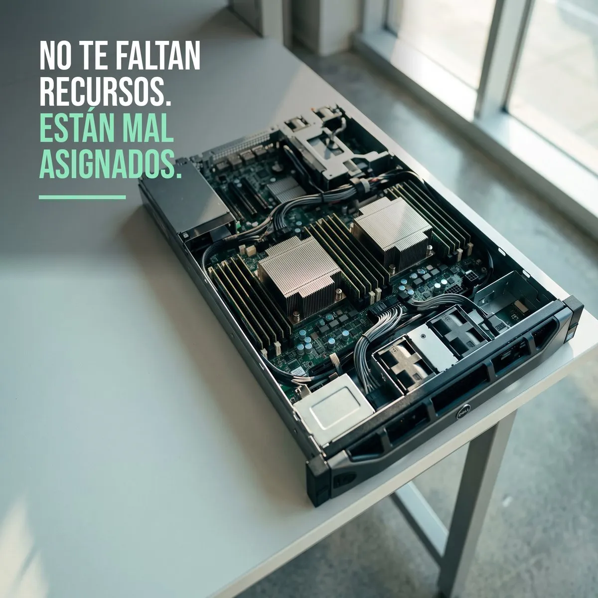 Interior de un servidor en rack abierto, con módulos de memoria y disipadores de CPU a la vista