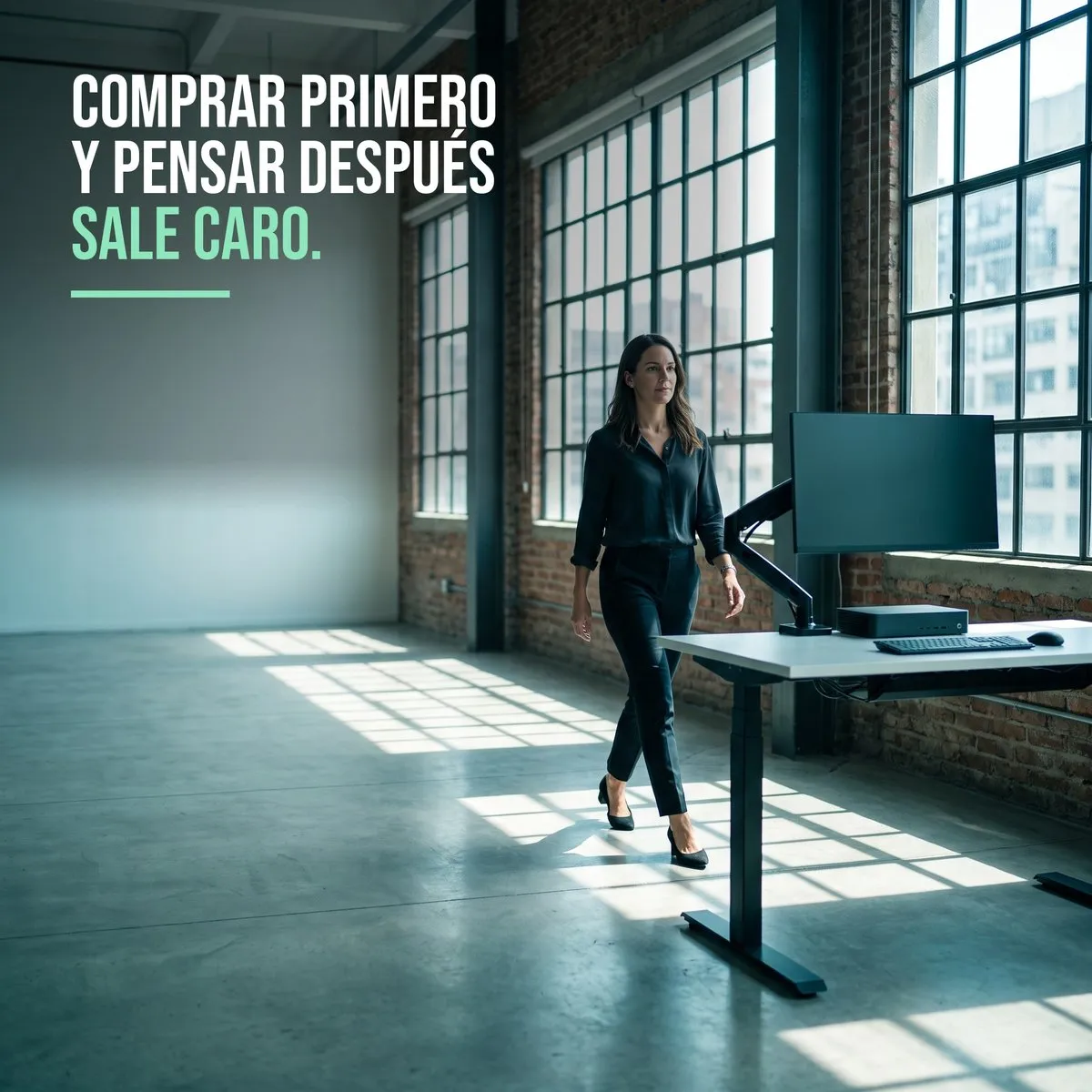 Puesto de trabajo bien diseñado en una oficina porteña reciclada, con una persona pasando al lado