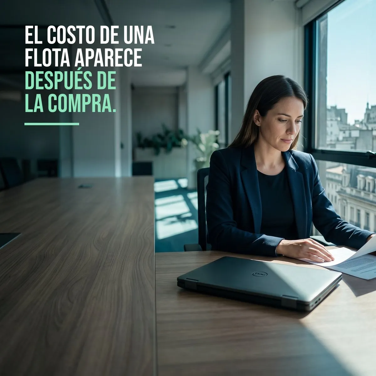 Notebook corporativa Dell cerrada sobre un escritorio, con una profesional trabajando al lado
