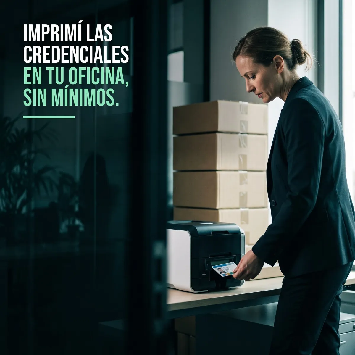 Responsable de facilities retirando una credencial de empleado recién impresa de una impresora de tarjetas en una oficina corporativa