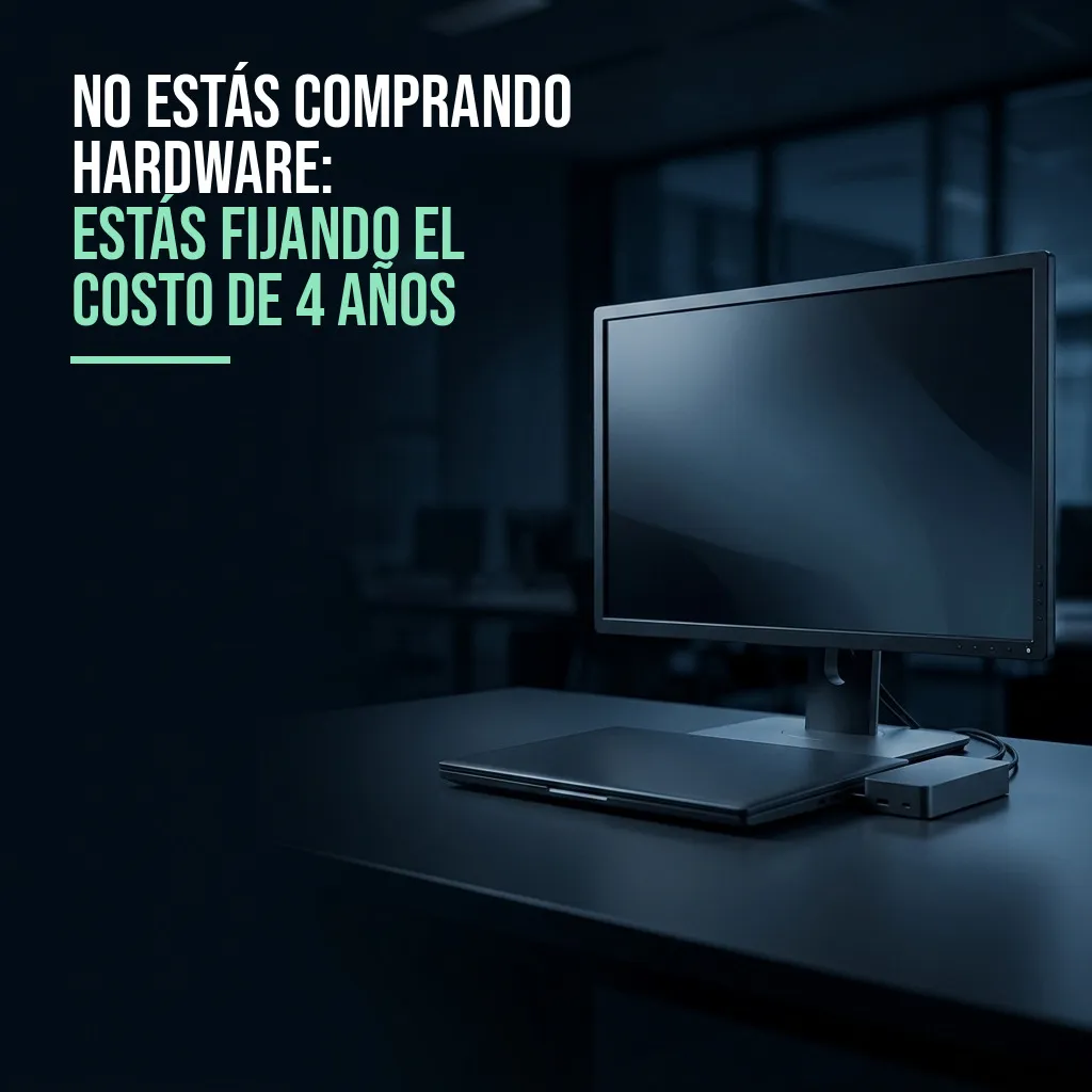 Puesto de trabajo corporativo con monitor, notebook y dock sobre un escritorio despejado