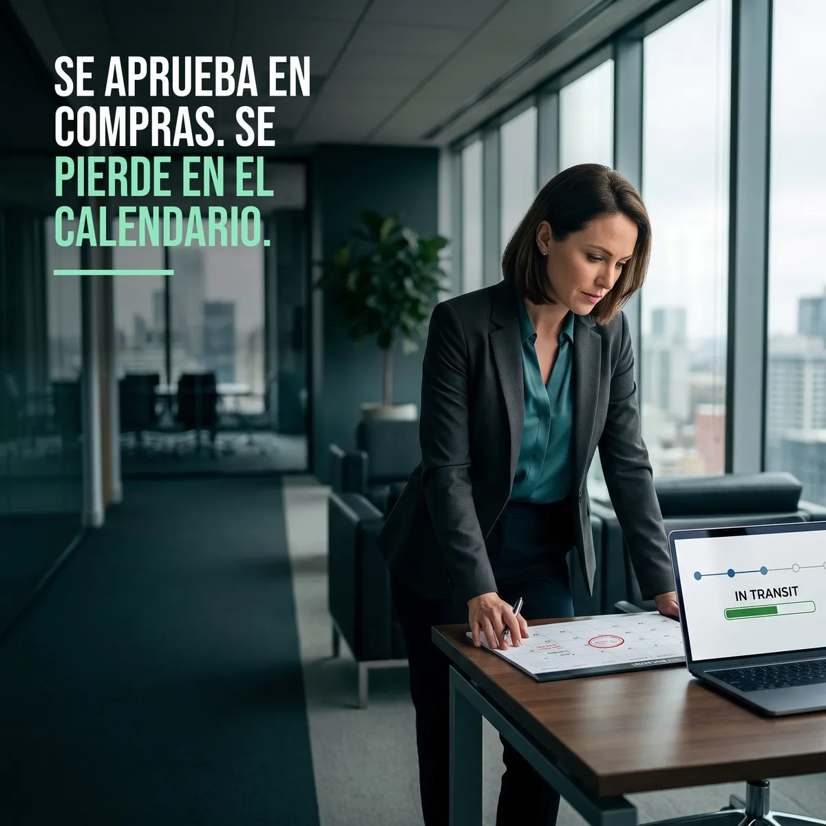 Gerente de compras revisando en su notebook el tracking de un envío internacional, con un calendario de cierre de ejercicio sobre el escritorio