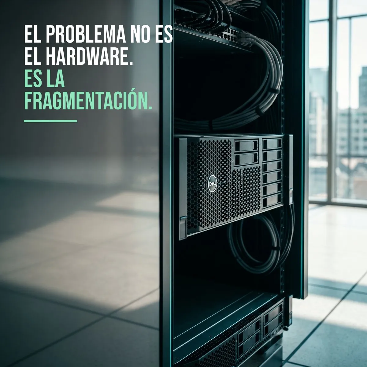 Nodo de un cluster hiperconvergente Dell en rack, con cableado prolijo y sin capas intermedias
