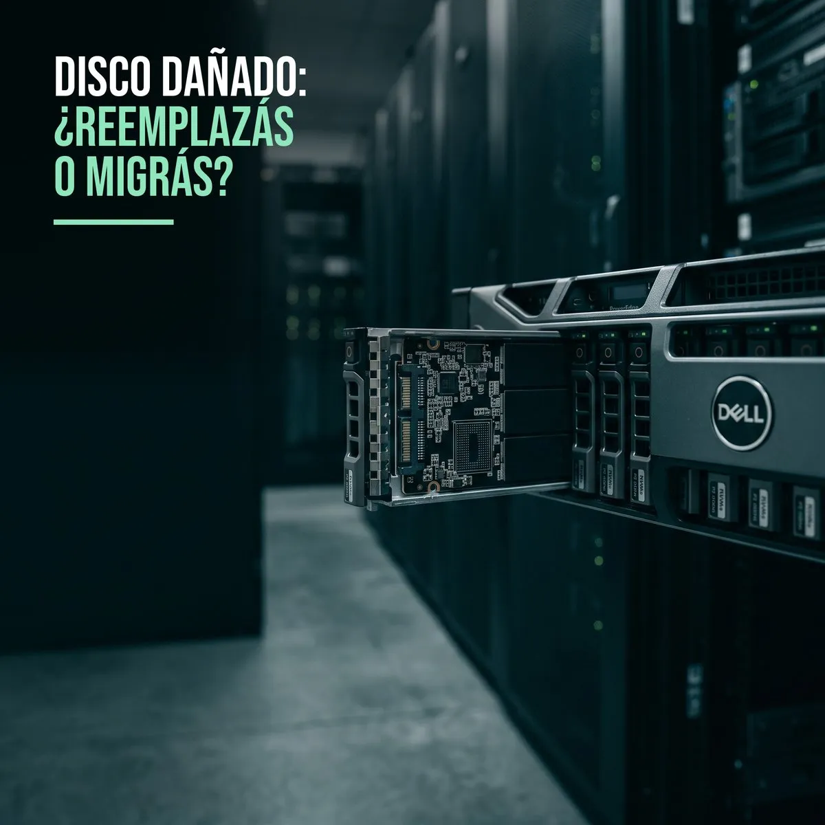 Bandeja de disco extraída a medio camino de un servidor Dell, revelando un módulo SSD NVMe