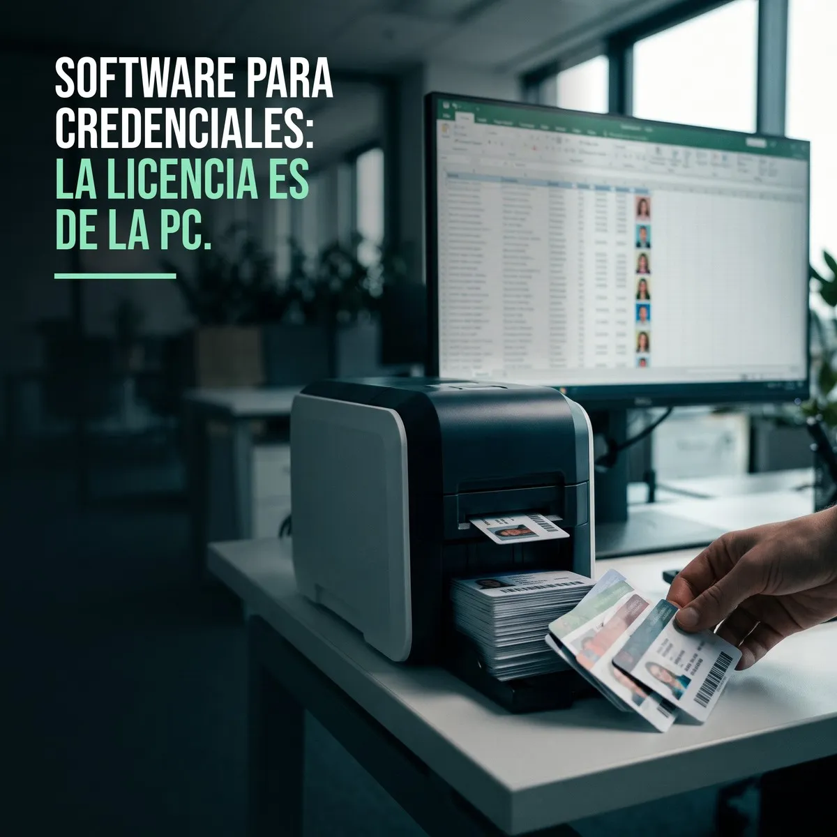 Planilla de empleados con fotos en un monitor junto a una impresora de credenciales imprimiendo un lote de tarjetas