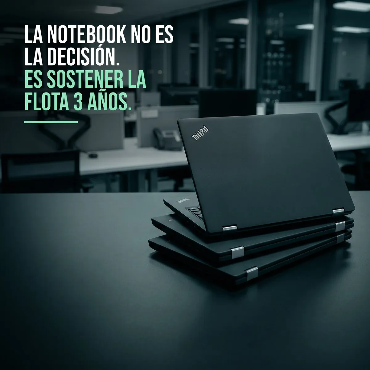 Notebooks Lenovo ThinkPad apiladas sobre un escritorio, en una oficina corporativa