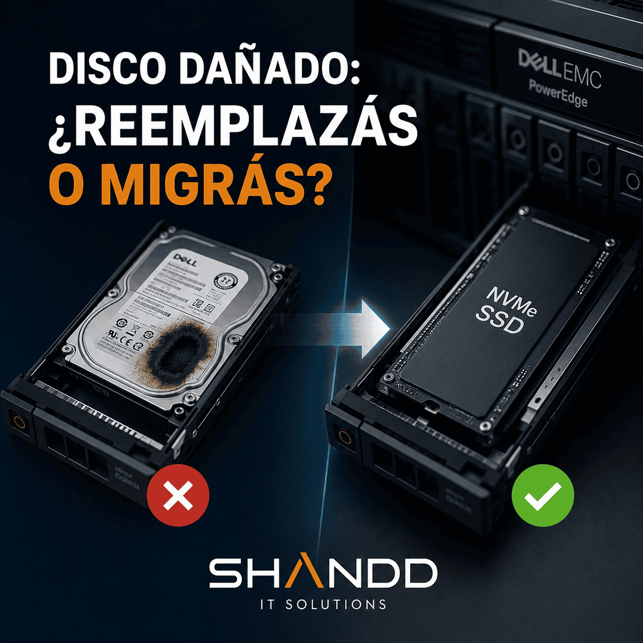 Disco duro dañado y SSD NVMe para servidores PowerEdge Dell.